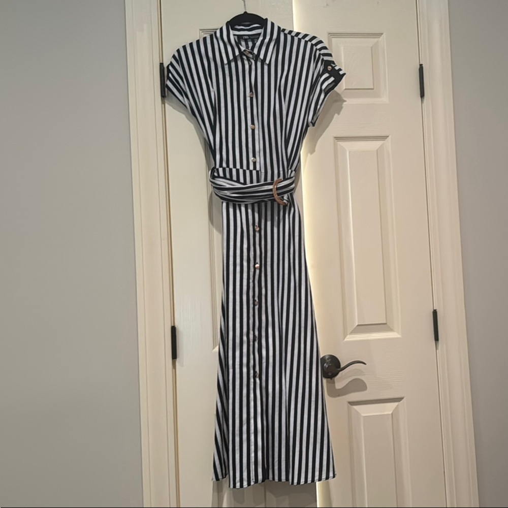 Striped Black and White Belted Dress